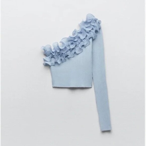 ZARA Flower Top Knit Blouse One Sleeve Asymmetric Top Size L ,Color Blue NWT - Picture 16 of 16